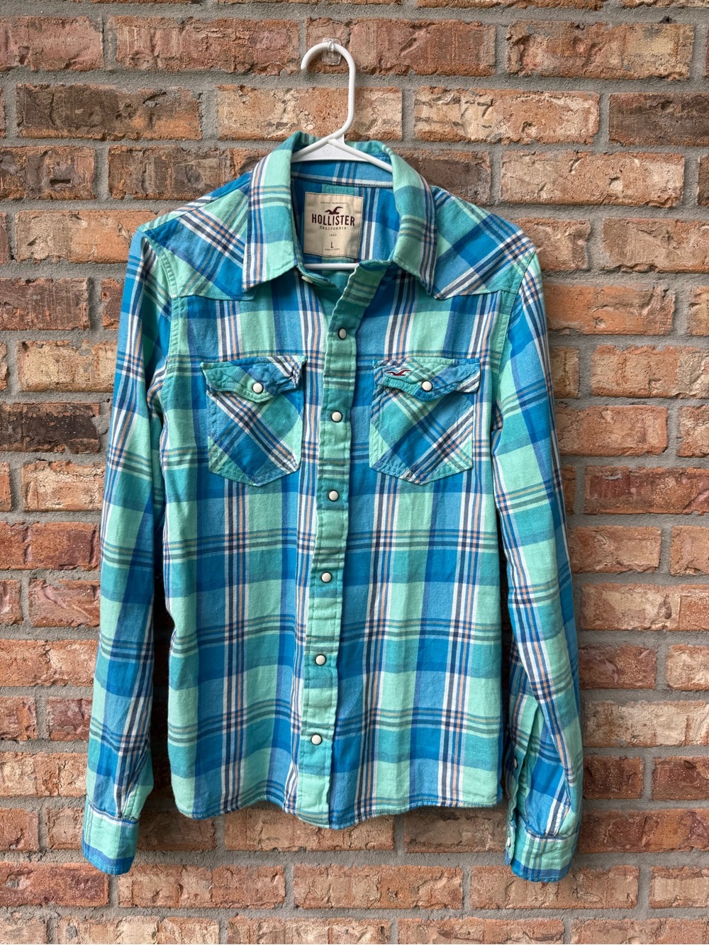 Hollister Teal and Blue Plaid Long-Sleeve Button-Down Shirt